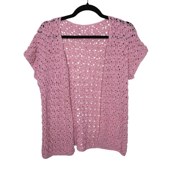 Vintage Dusty Rose Pink Crochet Button Up Cardigan Sweater Short Sleeve Knit - Picture 3 of 5